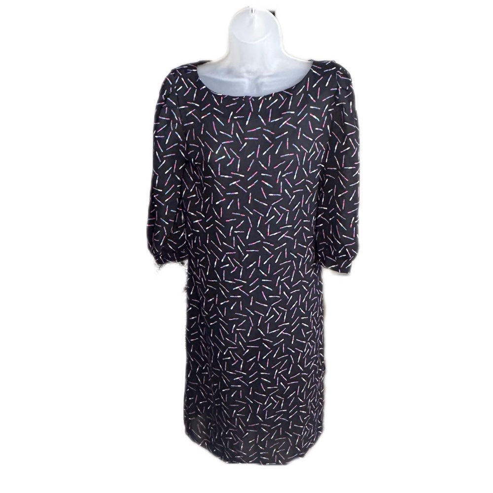 Vintage Stuart Alan Sheer Black Multi Color Graphic Print Dress Size Small